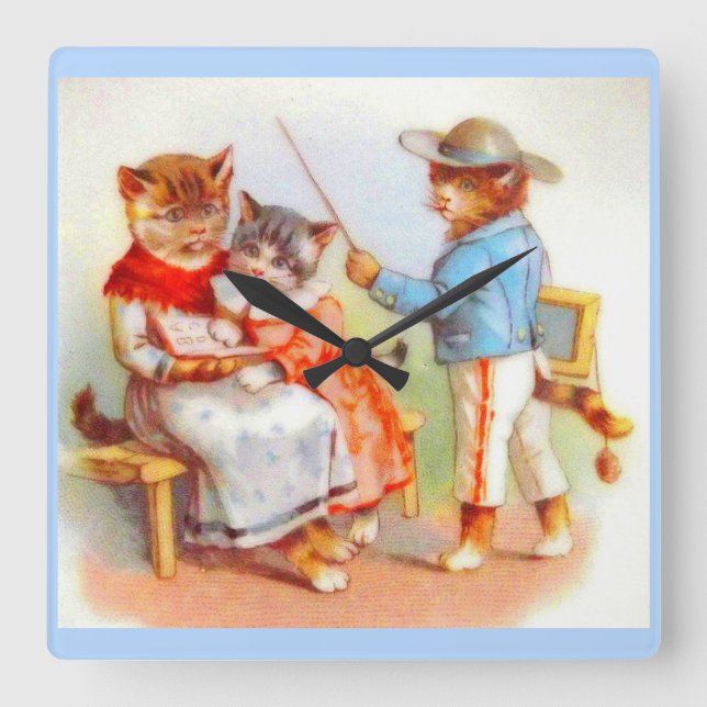 Victorian dressed kitty cats family print square wall clock (Front)