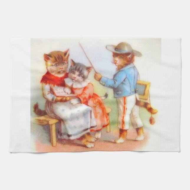 Victorian dressed kitty cats family tea towel (Horizontal)