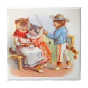 Victorian dressed kitty cats family tile