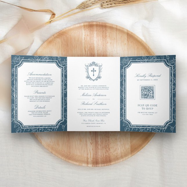 Victorian Dusty Blue Catholic QR Code Wedding Tri-Fold Invitation (Creator Uploaded)