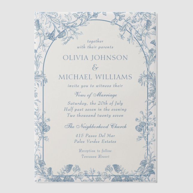 Victorian Dusty Blue Chinoiserie Floral Wedding Vellum Invitations (Front)