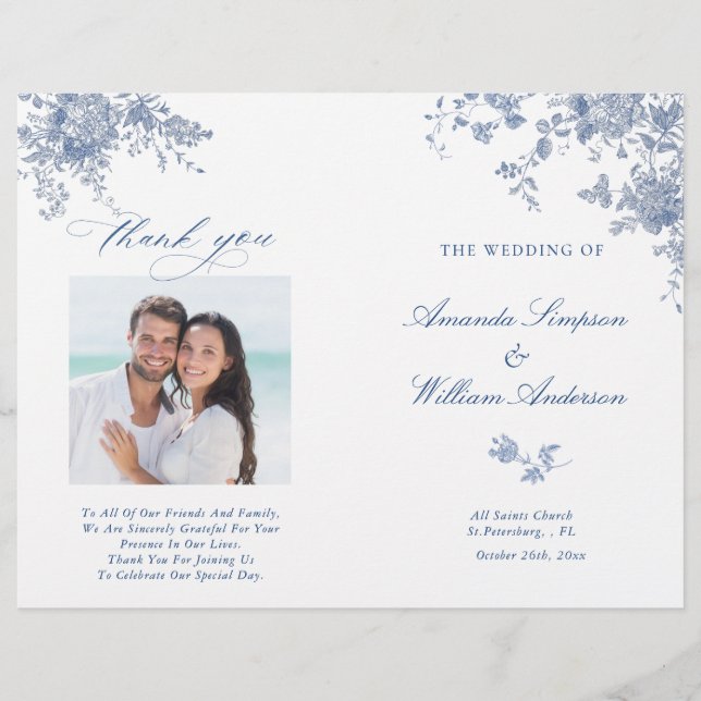 Victorian Dusty Blue Floral Wedding Photo Program (Front)