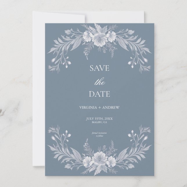 Victorian Dusty Blue Floral Wedding Save The Date (Front)