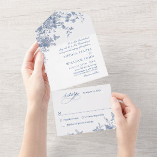 Victorian Dusty Blue French Garden Floral Wedding All In One Invitation