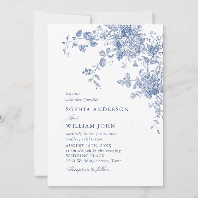 Victorian Dusty Blue French Garden Floral Wedding Invitation (Front)