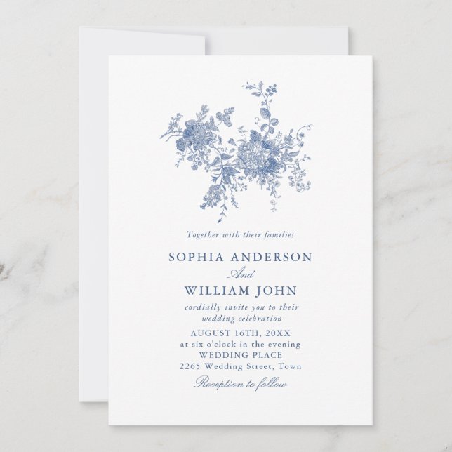 Victorian Dusty Blue French Garden Floral Wedding Invitation (Front)