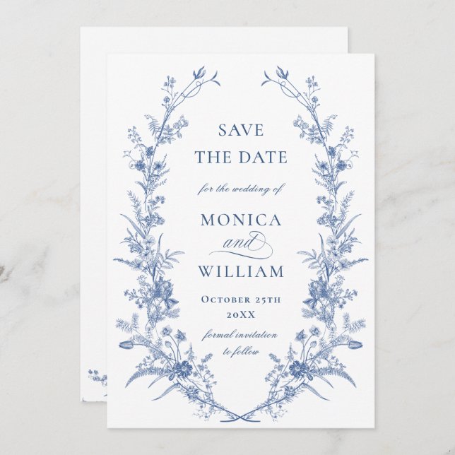 Victorian Dusty Blue French Garden Floral Wedding Save The Date (Front/Back)
