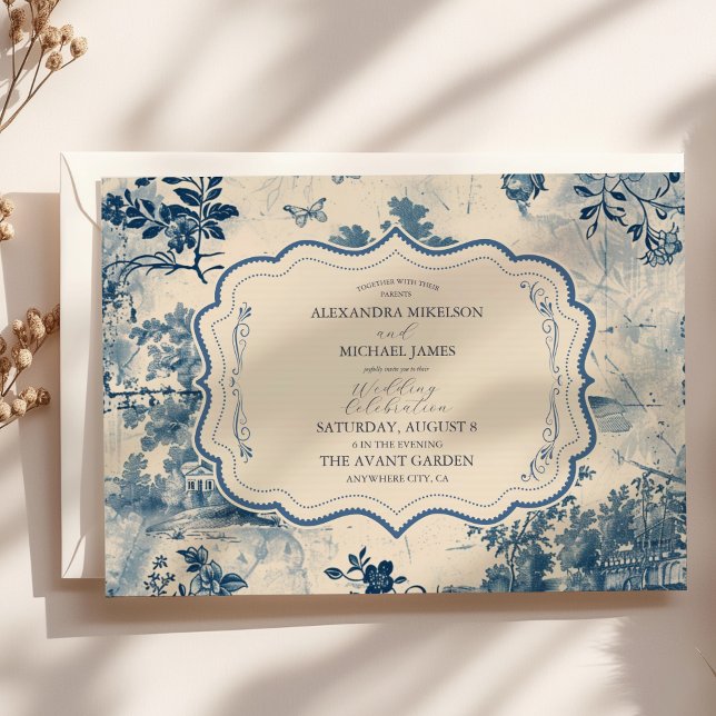 Victorian Dusty Blue French Toile Wedding Invitation (Creator Uploaded)