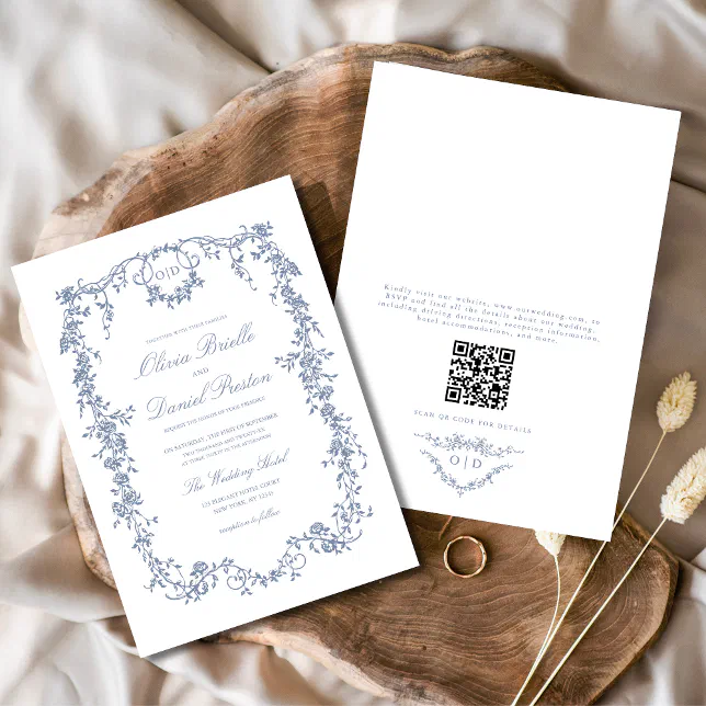 Victorian Dusty Blue QR Code Floral Wedding Invitation | Zazzle