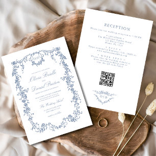 Victorian Dusty Blue QR Code Floral Wedding Invitation