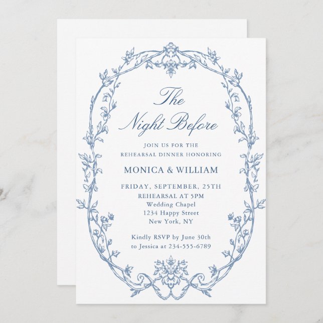 Victorian Dusty Blue Rehearsal Dinner QR code Invitation (Front/Back)