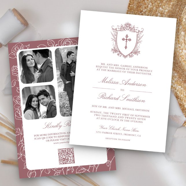 Victorian Dusty Rose Catholic QR Code Wedding Invitation (Creator Uploaded)