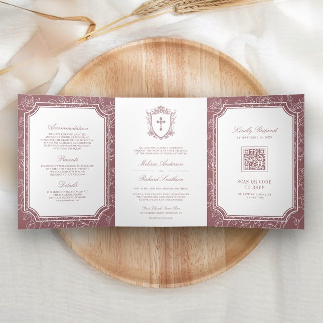 Victorian Dusty Rose Catholic QR Code Wedding Tri-Fold Invitation (Creator Uploaded)