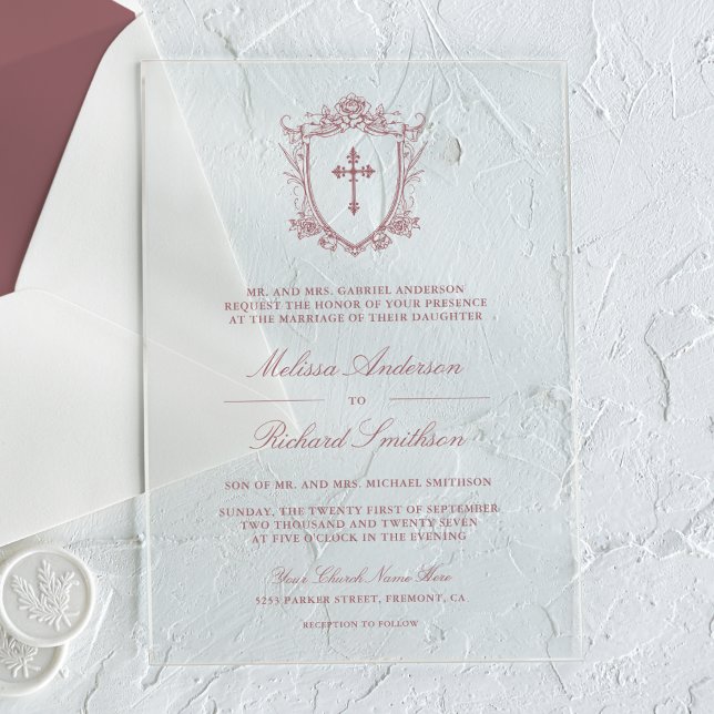 Victorian Dusty Rose Catholic Wedding Acrylic Invitations (Creator Uploaded)