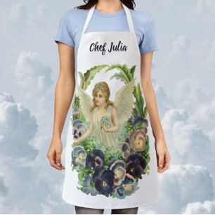 Victorian Easter Angel with Purple Pansy Flowers Apron