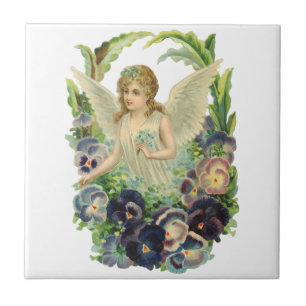Victorian Easter Angel with Purple Pansy Flowers Ceramic Tile