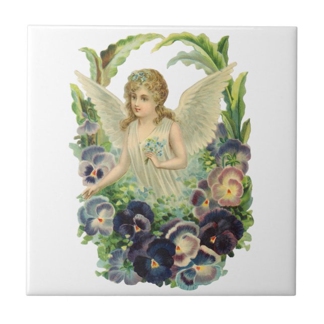 Victorian Easter Angel with Purple Pansy Flowers Ceramic Tile (Front)