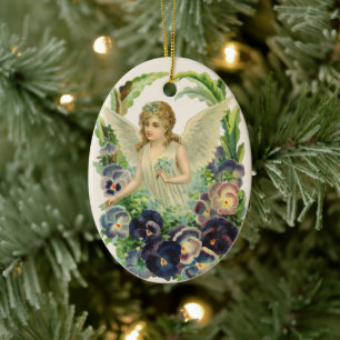 Victorian Easter Angel with Purple Pansy Flowers Ceramic Tree Decoration