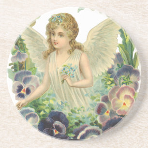 Victorian Easter Angel with Purple Pansy Flowers Coaster