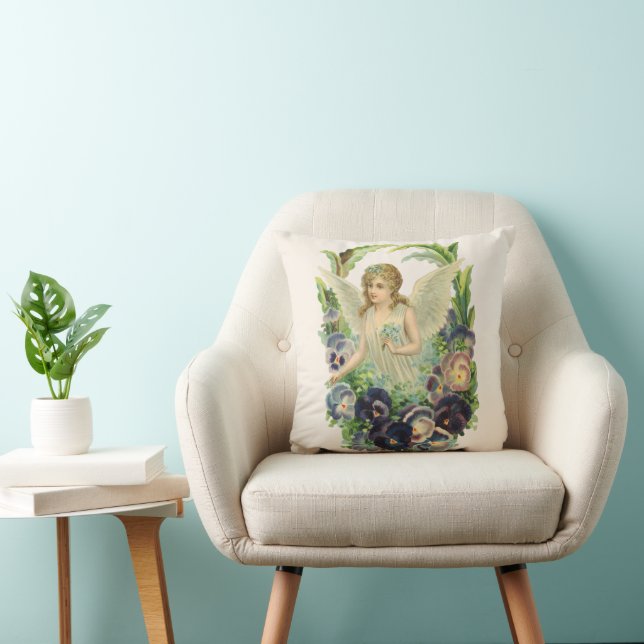 Victorian Easter Angel with Purple Pansy Flowers Cushion (Chair)