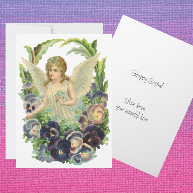 Victorian Easter Angel with Purple Pansy Flowers Holiday Card (Creator Uploaded)