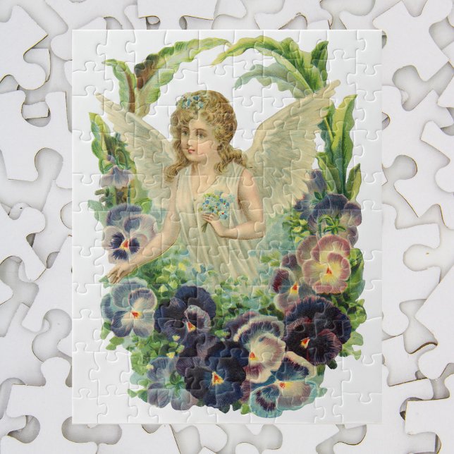 Victorian Easter Angel with Purple Pansy Flowers Jigsaw Puzzle (Creator Uploaded)