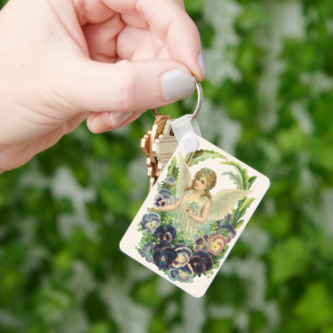 Victorian Easter Angel with Purple Pansy Flowers Key Ring