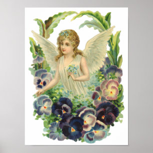 Victorian Easter Angel with Purple Pansy Flowers Poster