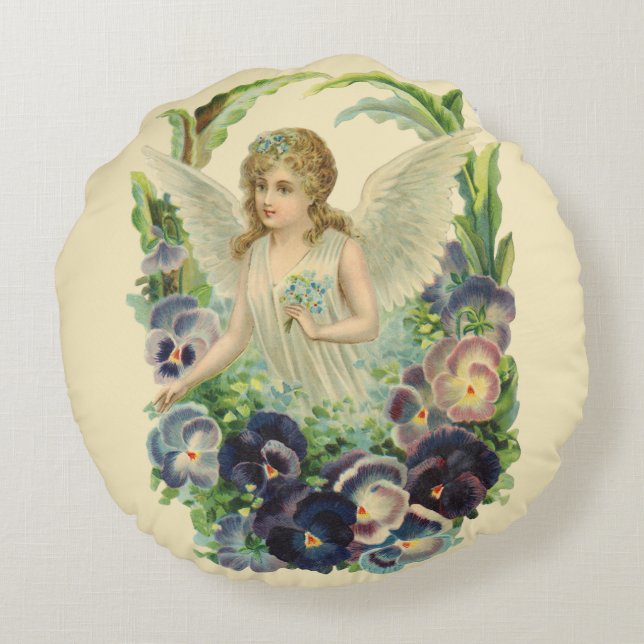 Victorian Easter Angel with Purple Pansy Flowers Round Cushion (Back)