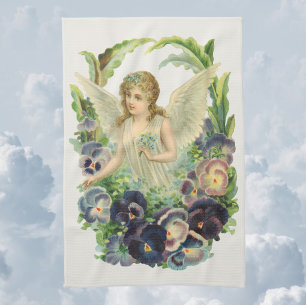 Victorian Easter Angel with Purple Pansy Flowers Tea Towel