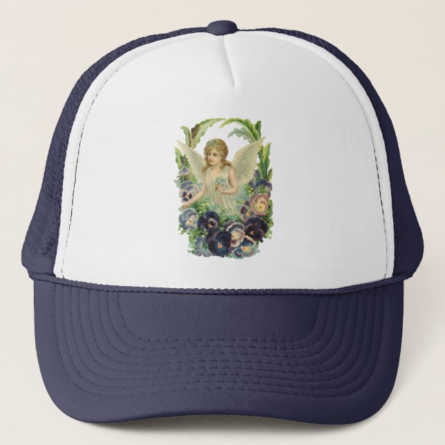 Victorian Easter Angel with Purple Pansy Flowers Trucker Hat (Front)