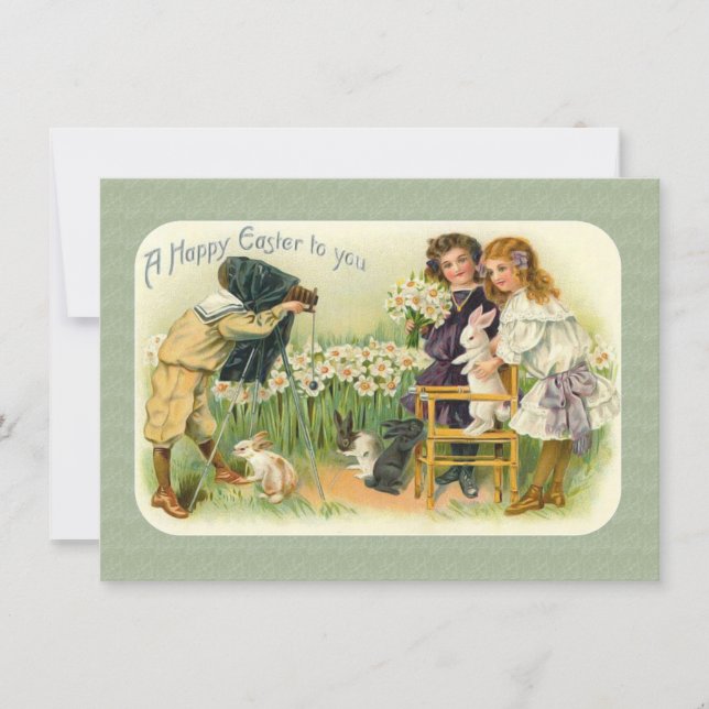 Victorian Easter Children Photographing Bunnies Holiday Card (Front)