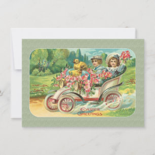 Victorian Easter Couple in Vintage Car Flowers Holiday Card