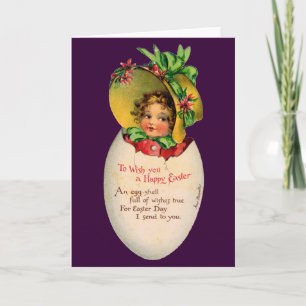 Victorian Easter, Vintage Girl with Bonnet in Egg Holiday Card