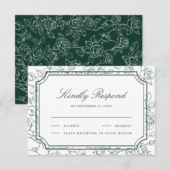 Victorian Emerald Green Floral Line Art Wedding RSVP Card (Front/Back)