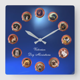 VICTORIAN ENAMELS MINIATURE DOG PORTRAITS Blue Square Wall Clock