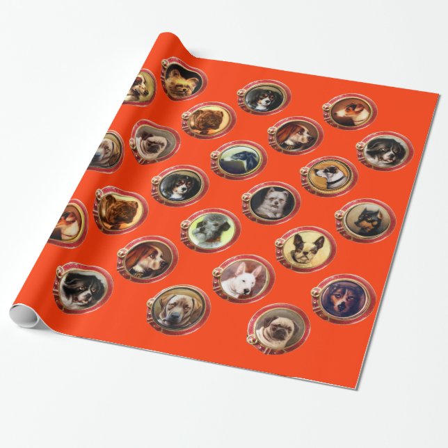 VICTORIAN ENAMELS MINIATURE DOG PORTRAITS Orange Wrapping Paper (Unrolled)
