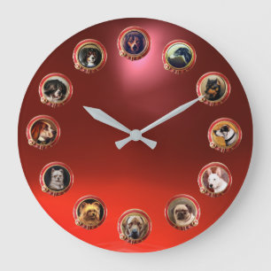 VICTORIAN ENAMELS /MINIATURE DOG PORTRAITS, Red Large Clock