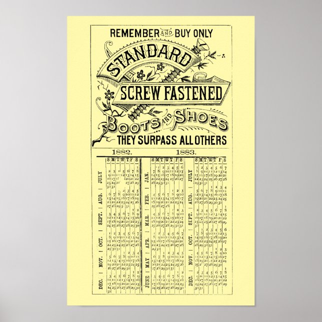 Victorian Era 1882 1883 Shoe & Boots Ad Calendar Poster (Front)