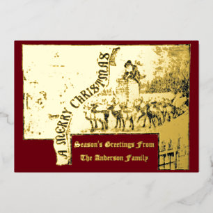 Victorian Era 1887 Santa & Reindeer Christmas Foil Holiday Card
