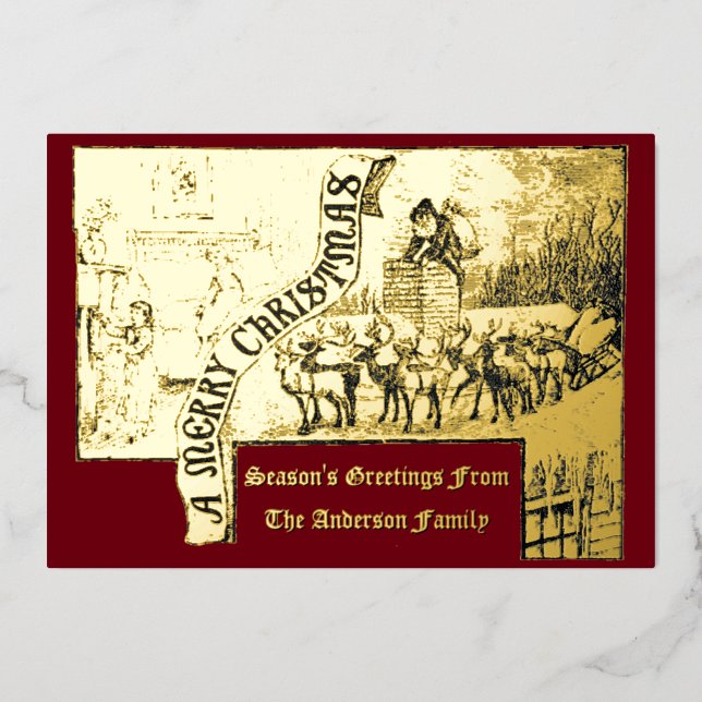 Victorian Era 1887 Santa & Reindeer Christmas Foil Holiday Card (Front)