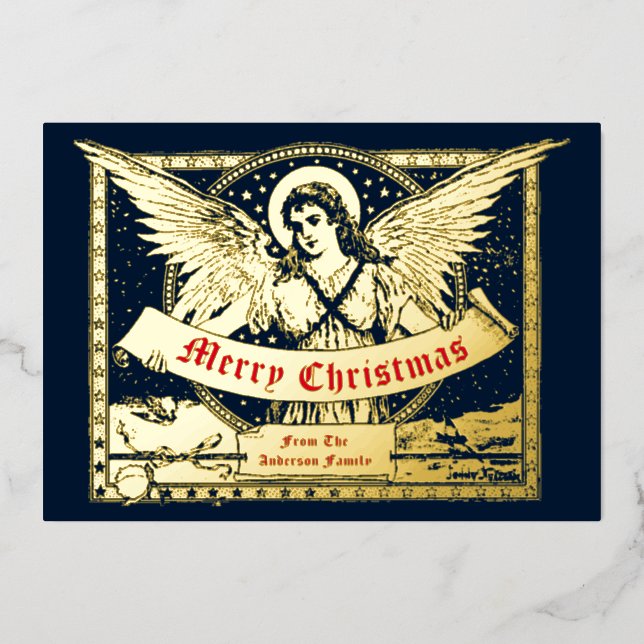Victorian Era 1898 Christmas Angel With Banner Foil Holiday Card (Front)