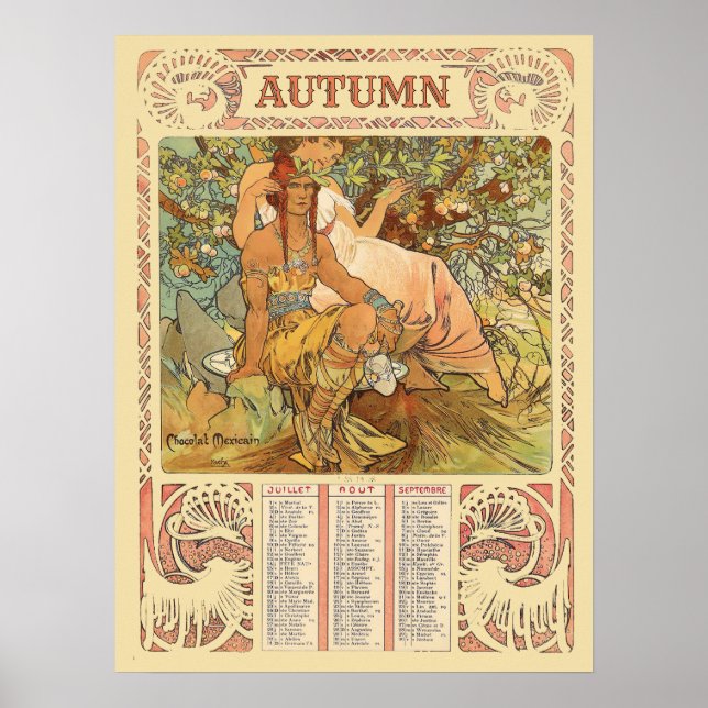 Victorian Era Art Nouveau Autumn Calendar by Mucha Poster (Front)