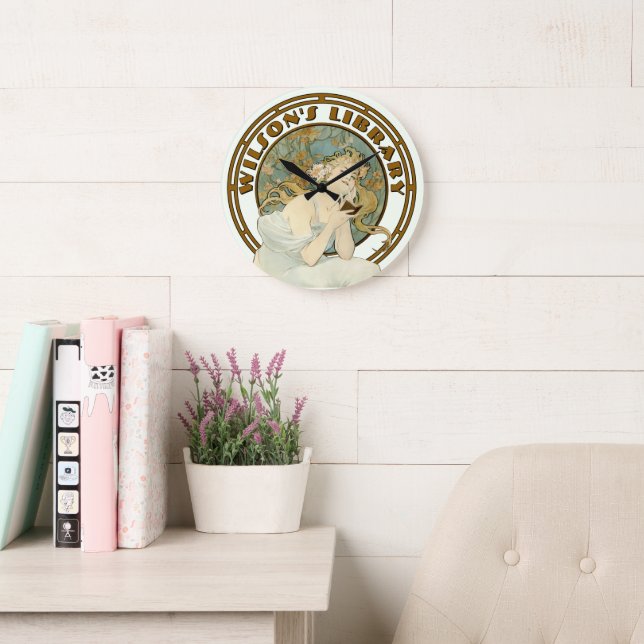 Victorian Era Art Nouveau by Mucha Library Large Clock (Reading Room)