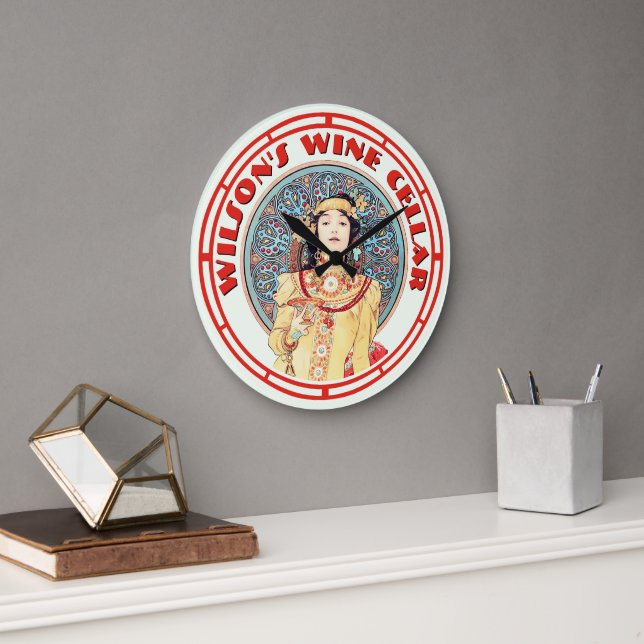 Victorian Era Art Nouveau by Mucha Wine Cellar Large Clock (Office)