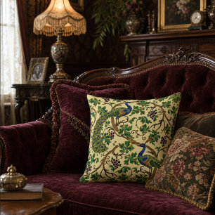 Victorian Era Art Nouveau Peacocks Grapevine Cushion