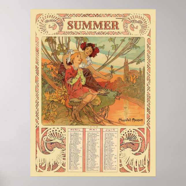 Victorian Era Art Nouveau Summer Calendar by Mucha Poster (Front)