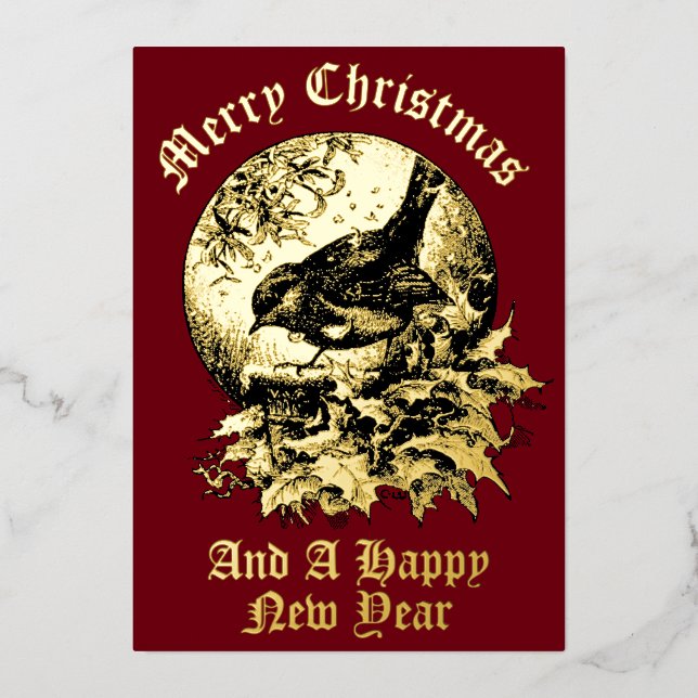 Victorian Era Bird, Holly, & Mistletoe Christmas Foil Holiday Card (Front)