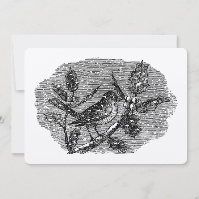 Victorian Era Bird on Holly Berry Branch in Snow Holiday Card (Front)