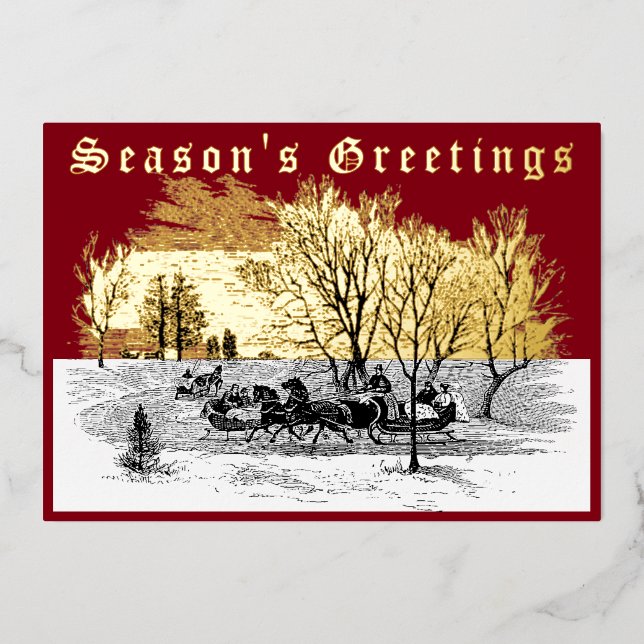 Victorian Era Christmas Sleigh Ride At Sunset Foil Holiday Card (Front)